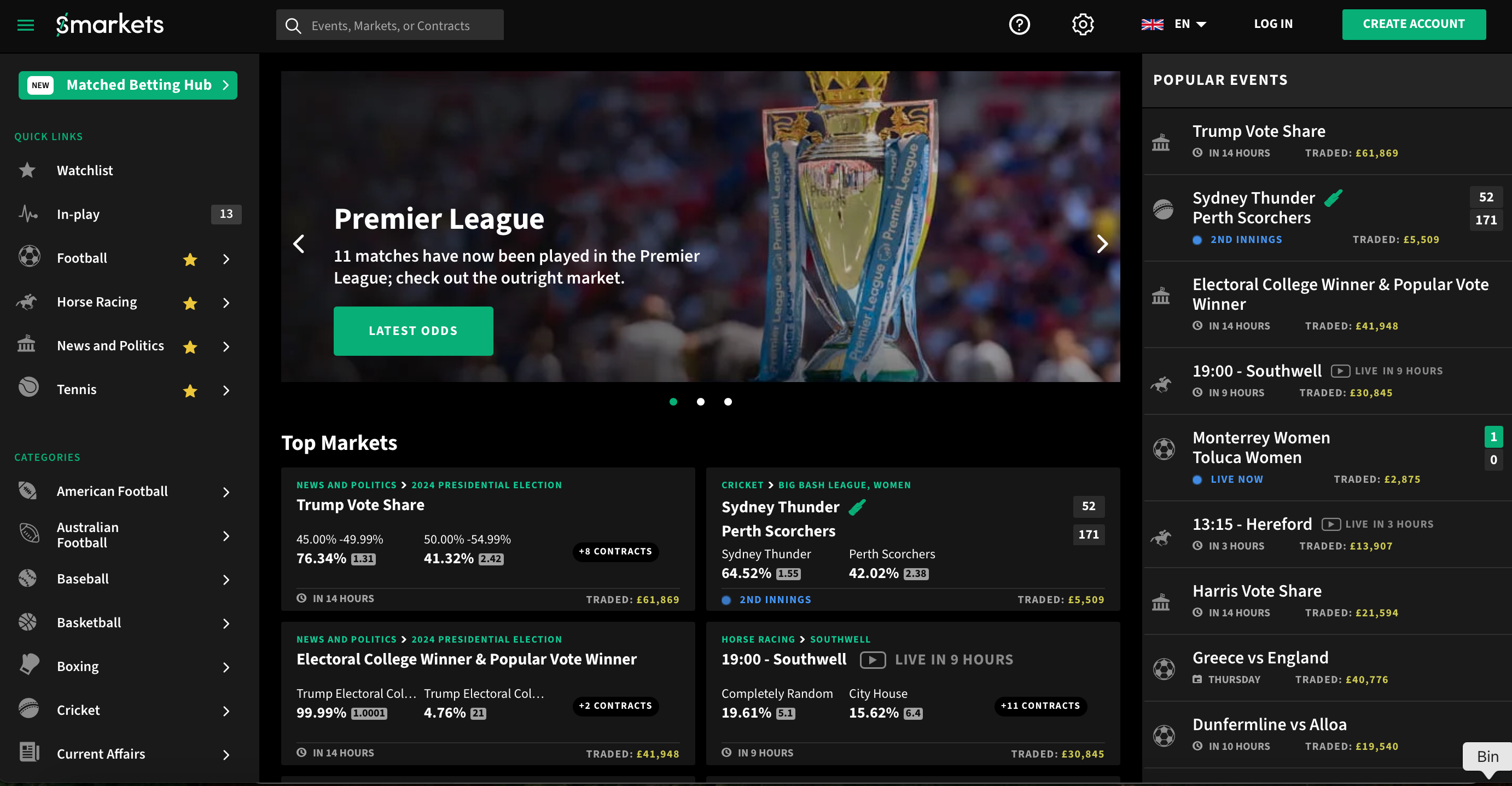 Smarkets homepage, showing sports and events categories on the left sidebar, top markets in the centre, and popular events on the right hand side 